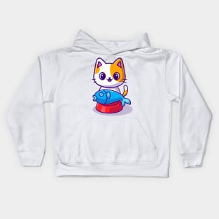 Cute Cat With Fish on Food Bowl Cartoon Kids Hoodie